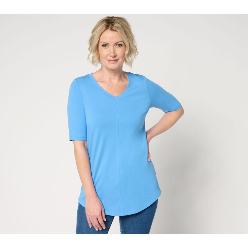 Denim & Co. Women's Top Petite PXL Essentials Pet Favorite Jersey Blue A640767